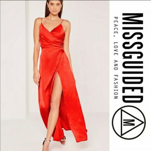 Missguided Dresses & Skirts - Misguided red satin wrap maxi full length dress